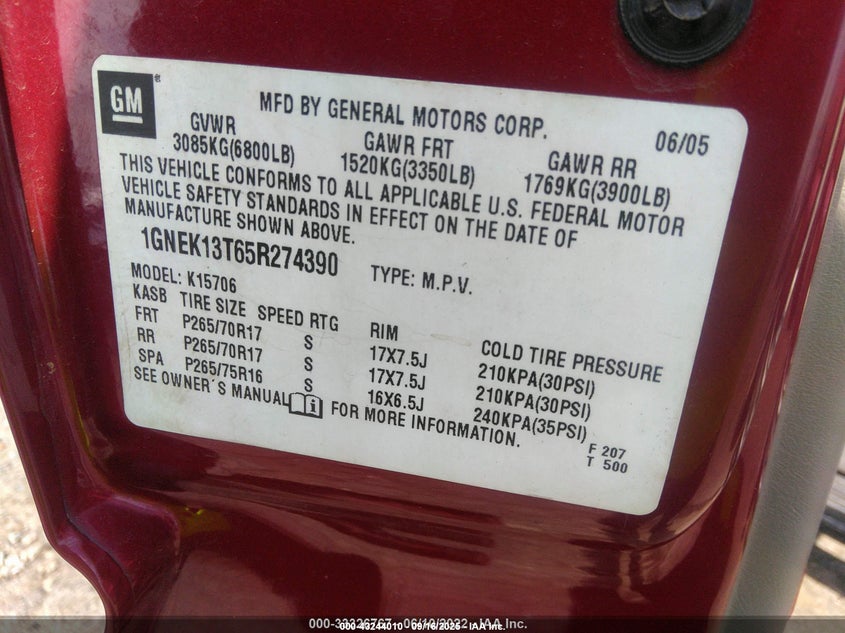 2005 Chevrolet Tahoe Z71 VIN: 1GNEK13T65R274390 Lot: 43244010