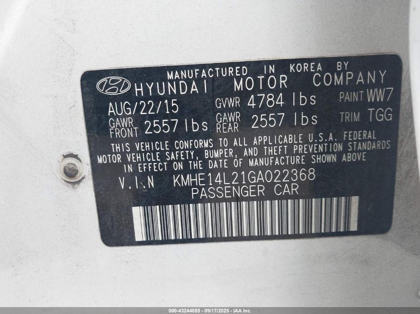 2016 Hyundai Sonata Plug-In Hybrid VIN: KMHE14L21GA022368 Lot: 43244055