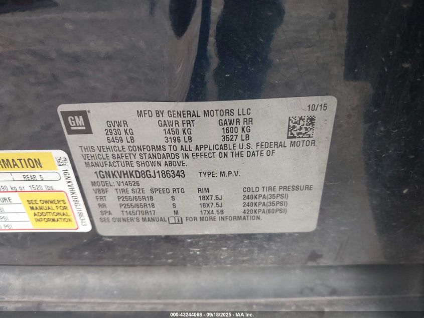 2016 Chevrolet Traverse 2Lt VIN: 1GNKVHKD8GJ186343 Lot: 43244068