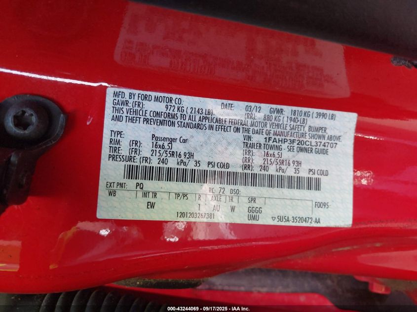 2012 Ford Focus Se VIN: 1FAHP3F20CL374707 Lot: 43244069