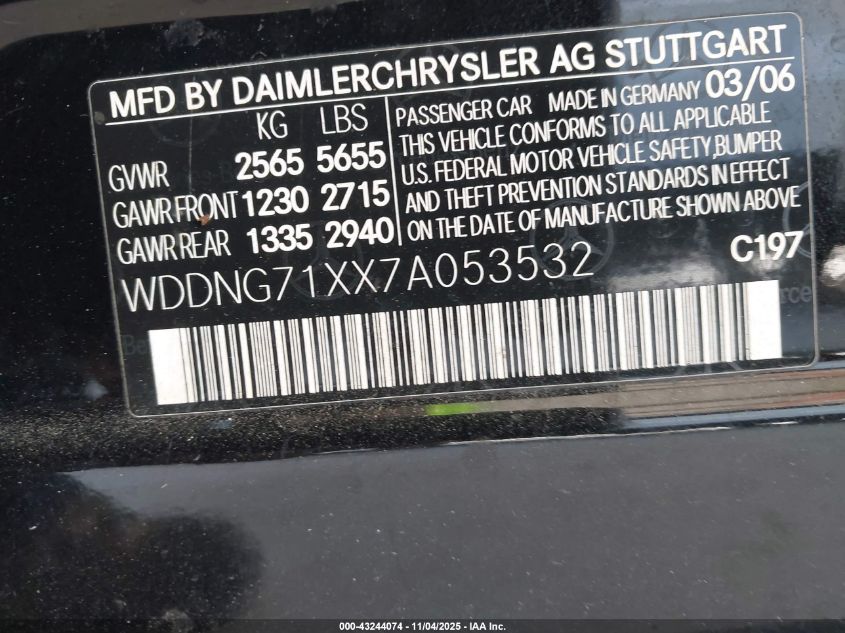 2007 Mercedes-Benz S 550 VIN: WDDNG71XX7A053532 Lot: 43244074