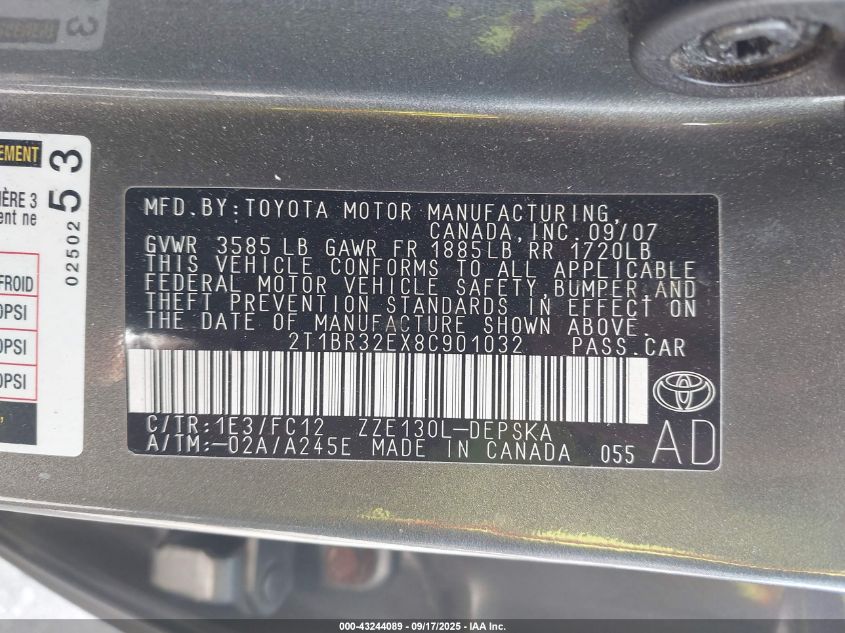 2008 Toyota Corolla S VIN: 2T1BR32EX8C901032 Lot: 43244089