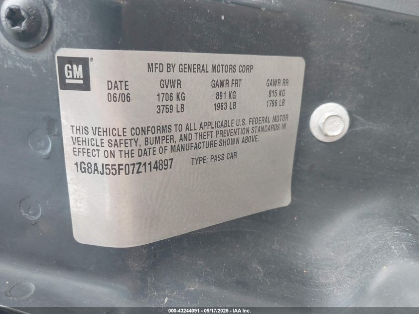 2007 Saturn Ion Ion 2 VIN: 1G8AJ55F07Z114897 Lot: 43244091