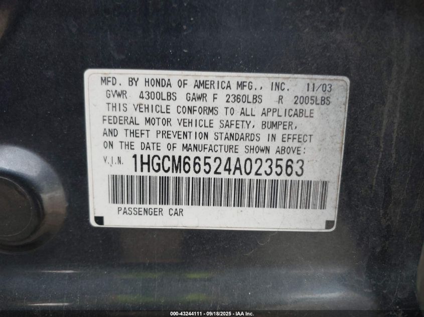 2004 Honda Accord 3.0 Ex VIN: 1HGCM66524A023563 Lot: 43244111