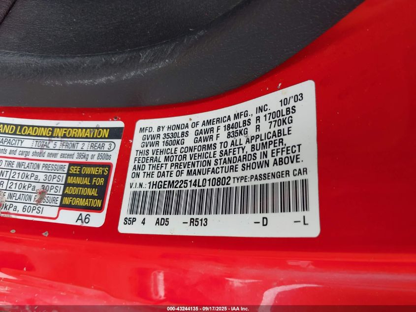 2004 Honda Civic Lx VIN: 1HGEM22514L010802 Lot: 43244135