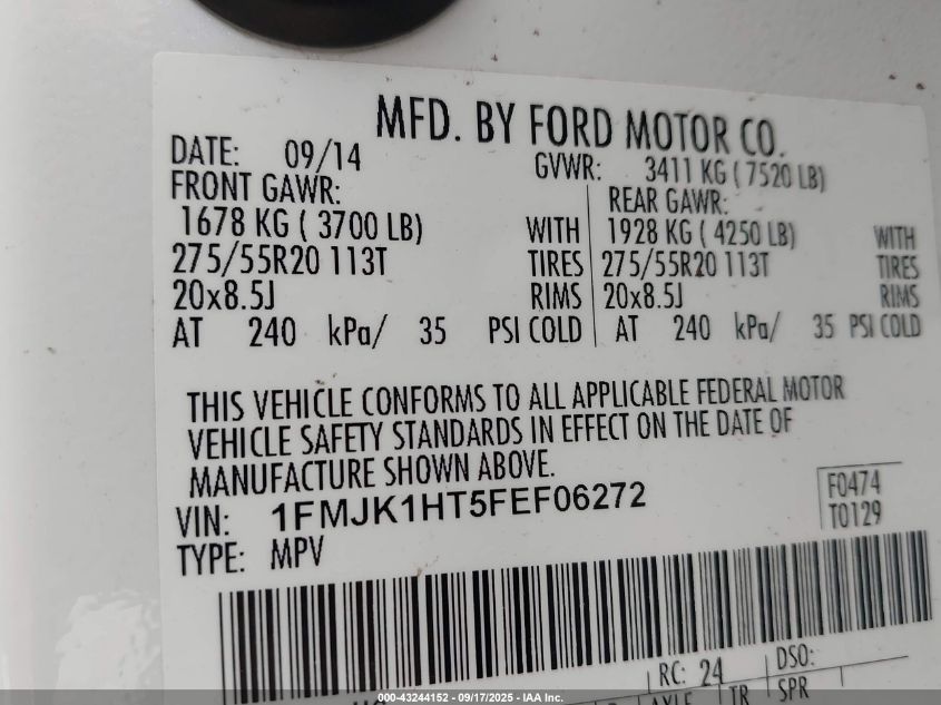 2015 Ford Expedition El Xlt VIN: 1FMJK1HT5FEF06272 Lot: 43244152