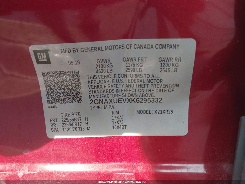 2019 Chevrolet Equinox Lt VIN: 2GNAXUEVXK6295332 Lot: 43244170