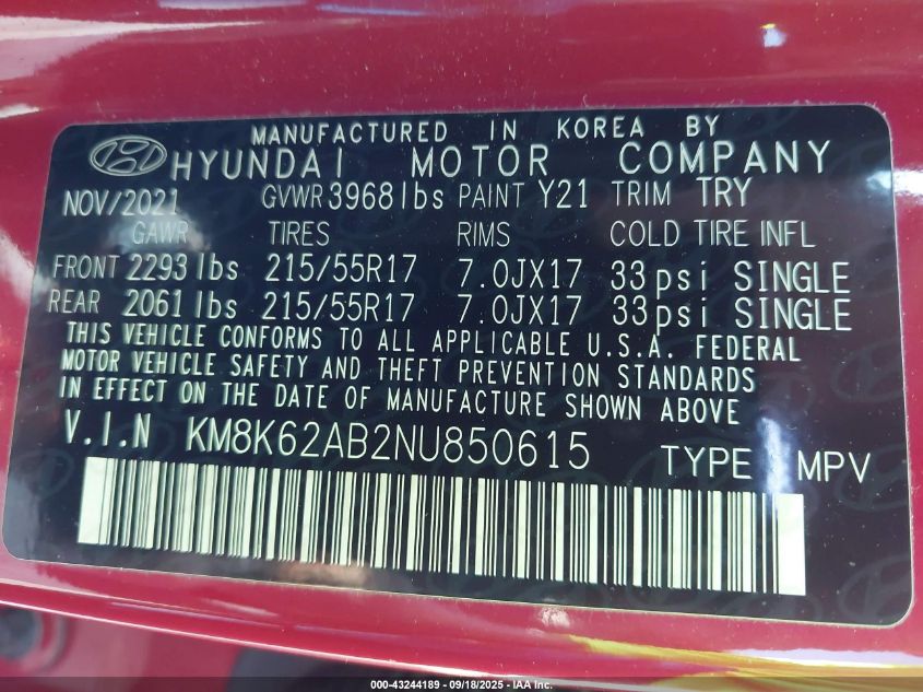 2022 Hyundai Kona Sel VIN: KM8K62AB2NU850615 Lot: 43244189