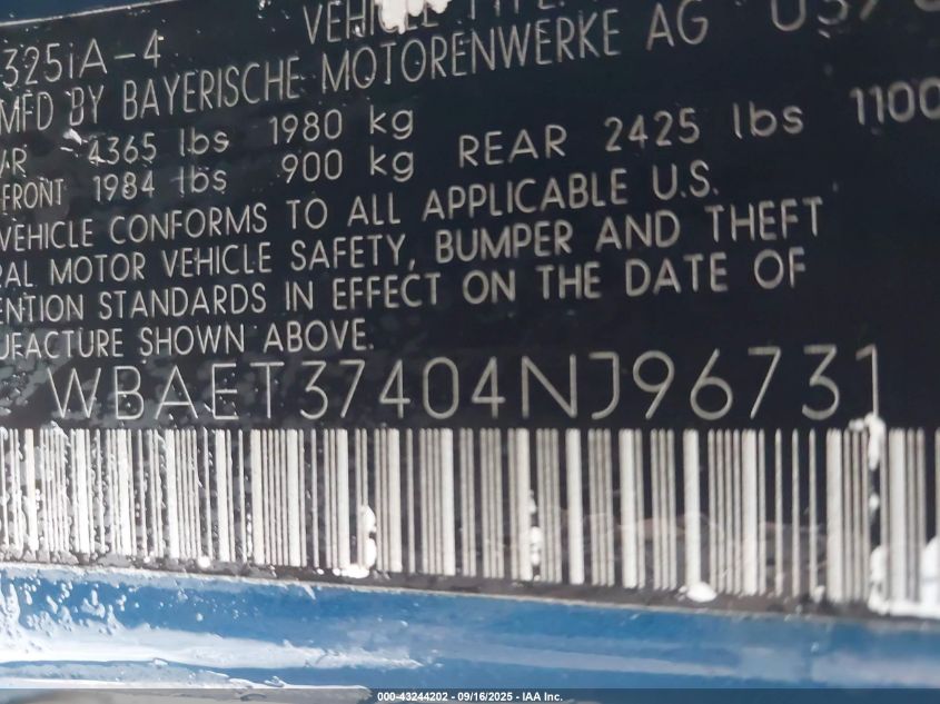 2004 BMW 3 Series VIN: WDAET37404NJ96731 Lot: 43244202