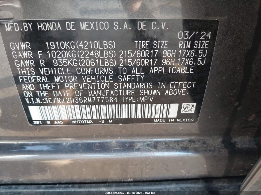 2024 Honda Hr-V Awd Lx VIN: 3CZRZ2H36RM777584 Lot: 43244232