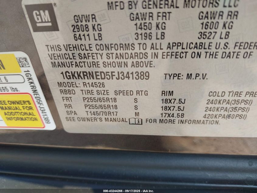 2015 GMC Acadia Sle-1 VIN: 1GKKRNED5FJ341389 Lot: 43244266