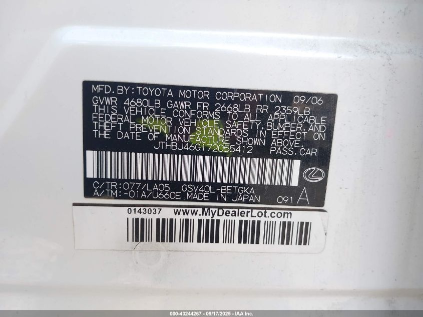 2007 Lexus Es 350 VIN: JTHBJ46G172055412 Lot: 43244267