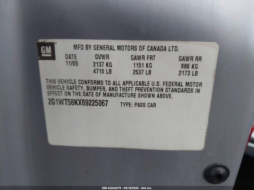 2006 Chevrolet Impala Lt VIN: 2G1WT58KX69225067 Lot: 43244279