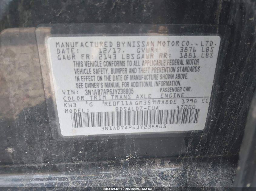 2018 Nissan Sentra Sv VIN: 3N1AB7AP6JY238805 Lot: 43244281