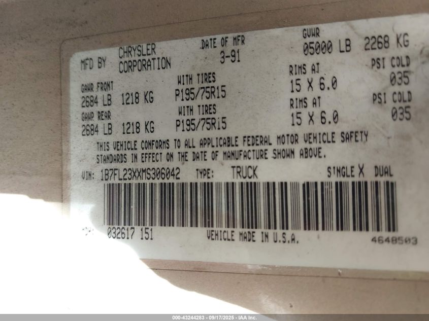 1991 Dodge Dakota VIN: 1B7FL23XXMS306042 Lot: 43244283