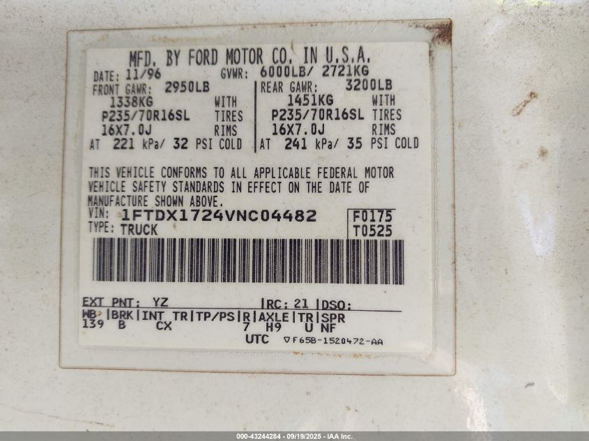 1997 Ford F-150 Standard/Xl/Xlt VIN: 1FTDX1724VNC04482 Lot: 43244284