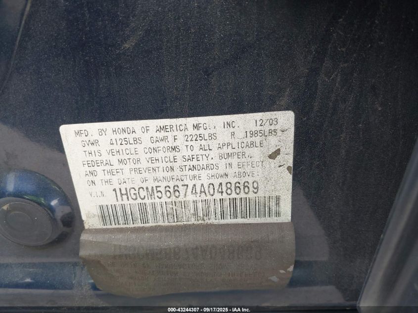 2004 Honda Accord 2.4 Ex VIN: 1HGCM56674A048669 Lot: 43244307