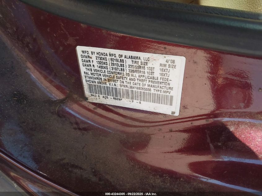 2008 Honda Odyssey Ex VIN: 5FNRL38418B065556 Lot: 43244305