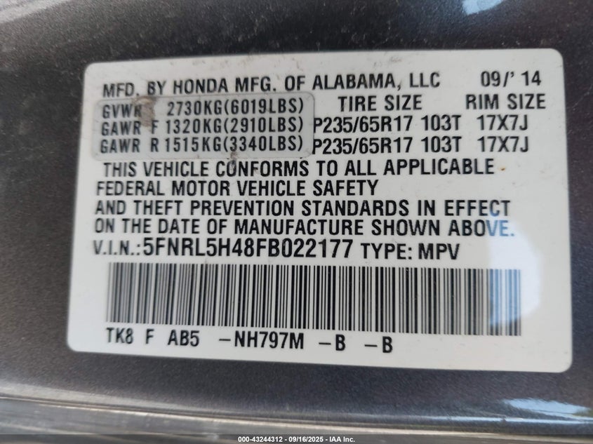 2015 Honda Odyssey Ex VIN: 5FNRL5H48FB022177 Lot: 43244312