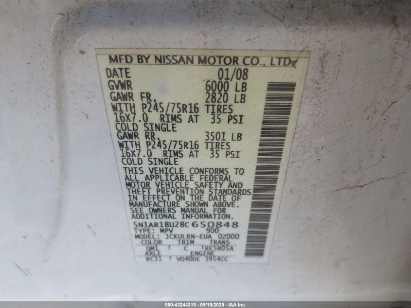 2008 Nissan Pathfinder S VIN: 5N1AR18U28C650848 Lot: 43244319