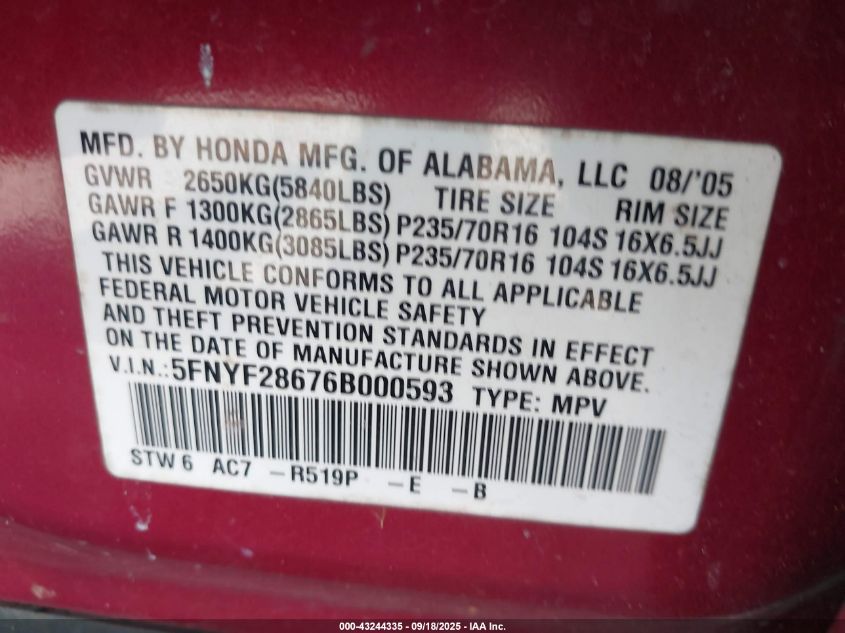 2006 Honda Pilot Ex-L VIN: 5FNYF28676B000593 Lot: 43244335