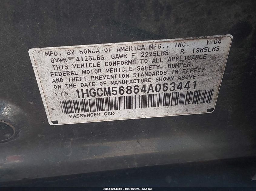 2004 Honda Accord 2.4 Ex VIN: 1HGCM56864A063441 Lot: 43244348