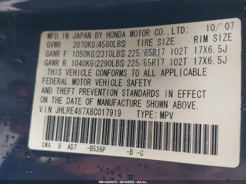 2008 Honda Cr-V Ex-L VIN: JHLRE487X8C017919 Lot: 43244372