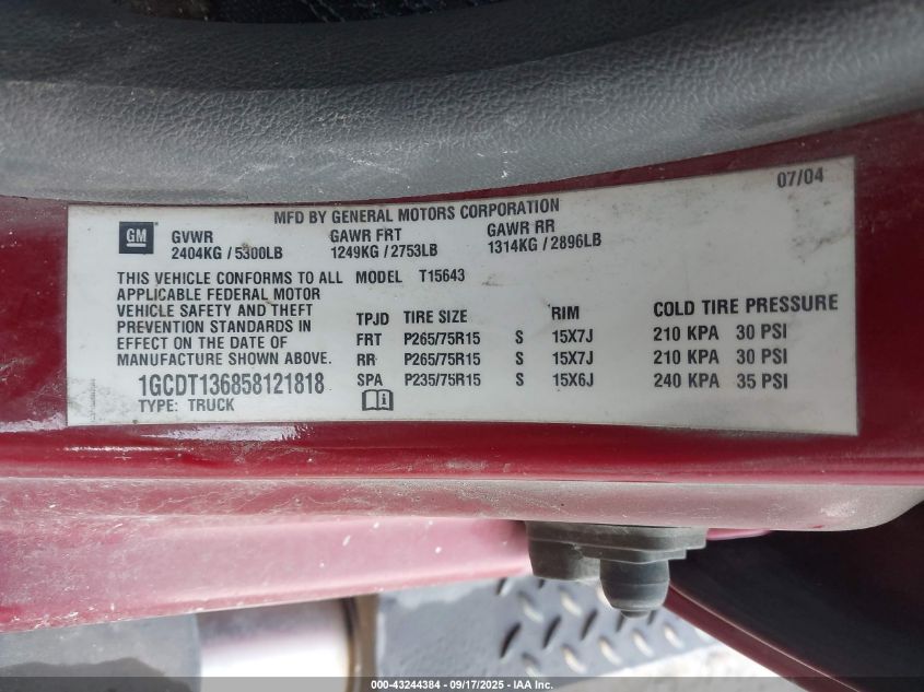 2005 Chevrolet Colorado Ls VIN: 1GCDT136858121818 Lot: 43244384