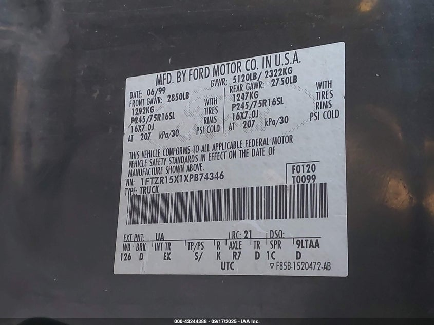 1999 Ford Ranger Super Cab VIN: 1FTZR15X1XPB74346 Lot: 43244388