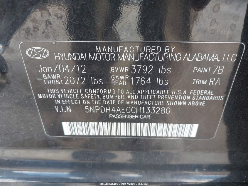 2012 Hyundai Elantra Gls VIN: 5NPDH4AE0CH133280 Lot: 43244402