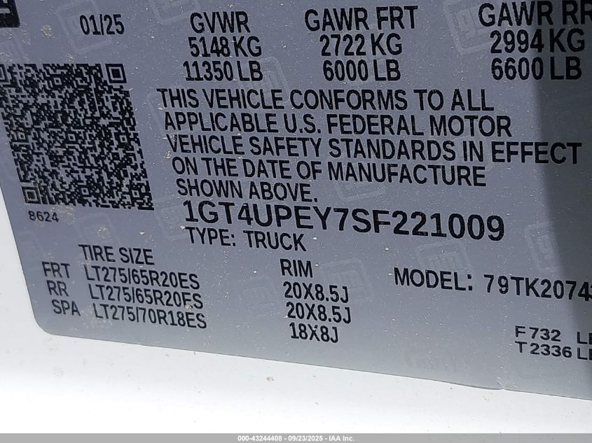 2025 GMC Sierra 2500Hd 4Wd Standard Bed At4 VIN: 1GT4UPEY7SF221009 Lot: 43244408