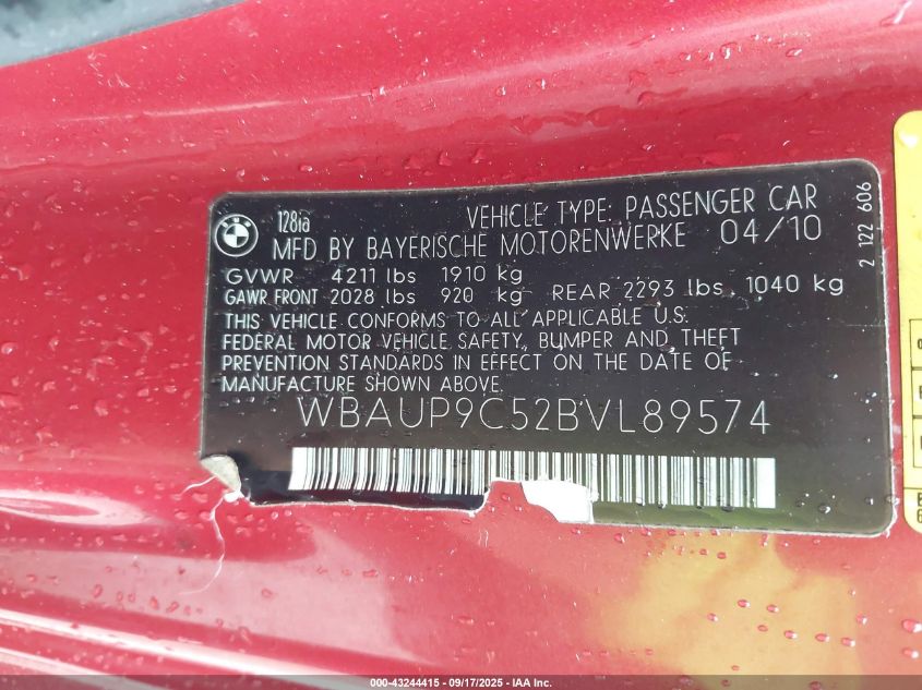 2011 BMW 128I VIN: WBAUP9C52BVL89574 Lot: 43244415