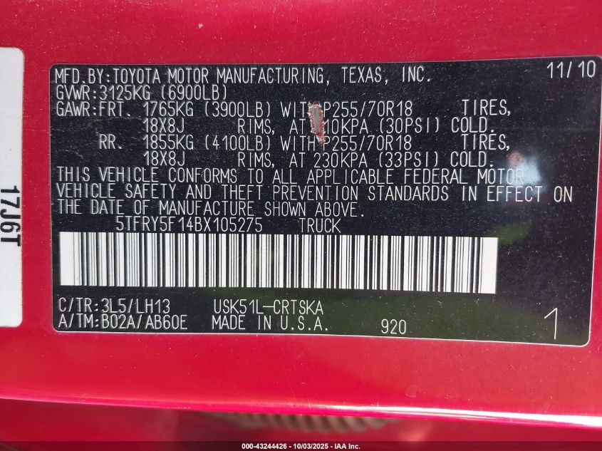 2011 Toyota Tundra Grade 5.7L V8 VIN: 5TFRY5F14BX105275 Lot: 43244426