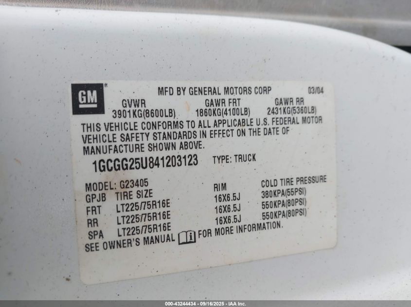 2004 Chevrolet Express VIN: 1GCGG25U841203123 Lot: 43244434