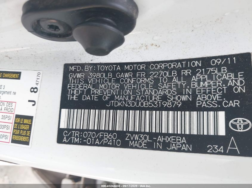 2011 Toyota Prius Two VIN: JTDKN3DU0B5319879 Lot: 43244438