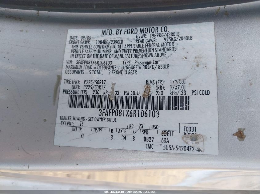 2006 Ford Fusion Sel VIN: 3FAFP081X6R106103 Lot: 43244440
