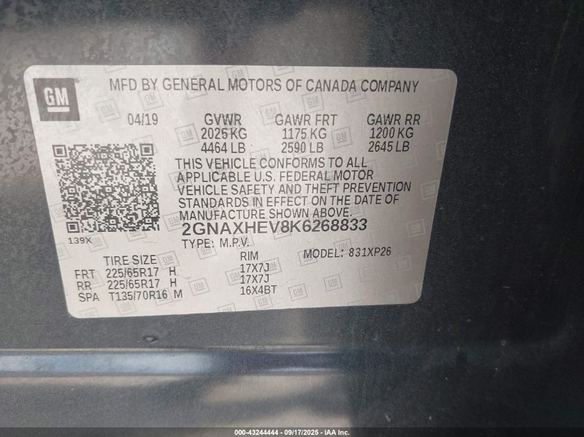 2019 Chevrolet Equinox Ls VIN: 2GNAXHEV8K6268833 Lot: 43244444