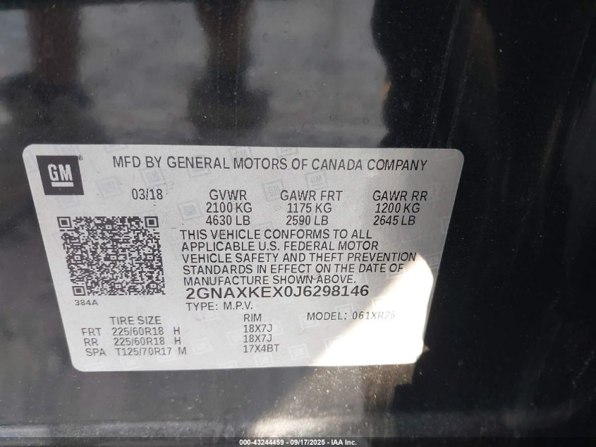 2018 Chevrolet Equinox Lt VIN: 2GNAXKEX0J6298146 Lot: 43244459