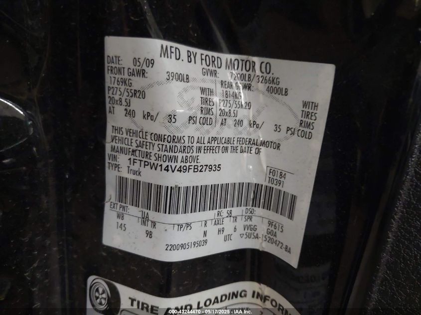 2009 Ford F-150 Fx4/King Ranch/Lariat/Platinum/Xl/Xlt VIN: 1FTPW14V49FB27935 Lot: 43244470
