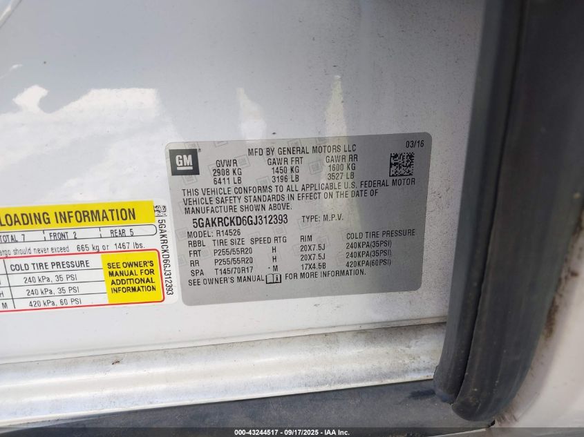 2016 Buick Enclave Premium VIN: 5GAKRCKD6GJ312393 Lot: 43244517