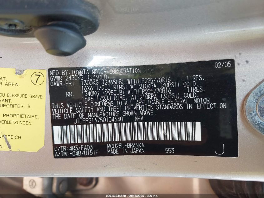 2005 Toyota Highlander V6 VIN: JTEEP21A750104640 Lot: 43244520