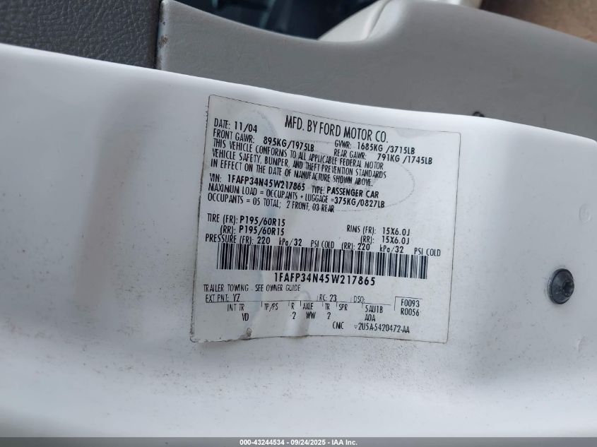 2005 Ford Focus Zx4 VIN: 1FAFP34N45W217865 Lot: 43244534