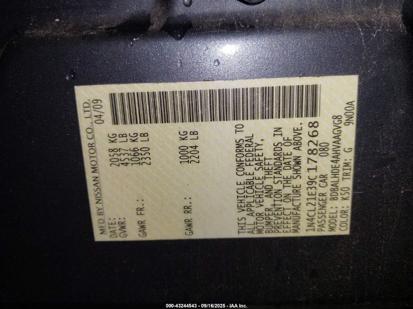 2009 Nissan Altima Hybrid VIN: 1N4CL21E39C178268 Lot: 43244543