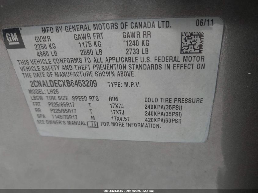 2011 Chevrolet Equinox 1Lt VIN: 2CNALDECXB6463209 Lot: 43244545