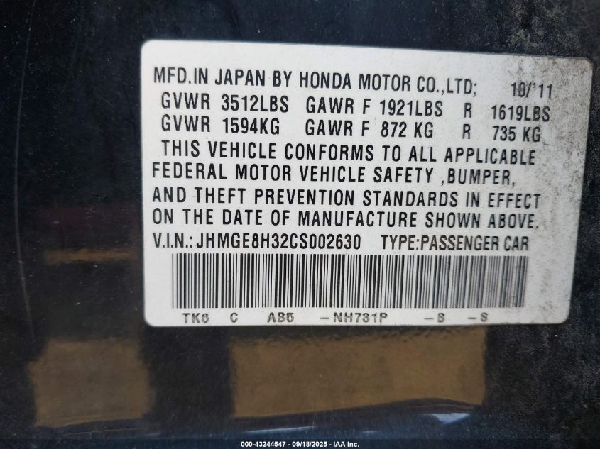 2012 Honda Fit VIN: JHMGE8H32CS002630 Lot: 43244547