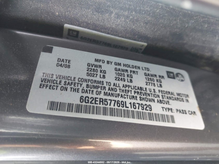 2009 Pontiac G8 VIN: 6G2ER57769L167929 Lot: 43244552