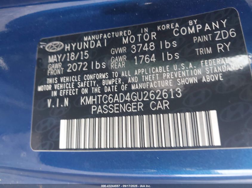 2016 Hyundai Veloster VIN: KMHTC6AD4GU262613 Lot: 43244557