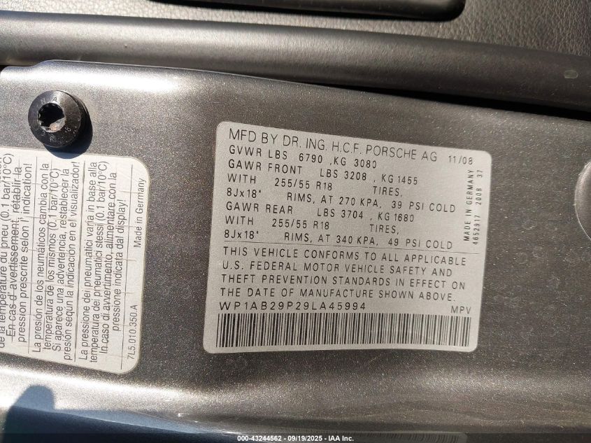 2009 Porsche Cayenne S VIN: WP1AB29P29LA45994 Lot: 43244562