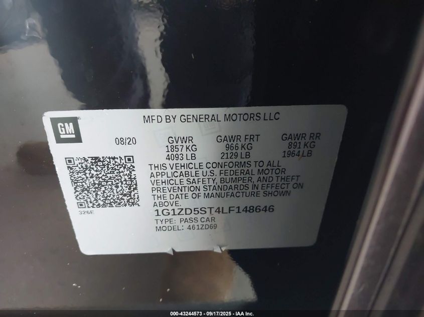 2020 Chevrolet Malibu Fwd Lt VIN: 1G1ZD5ST4LF148646 Lot: 43244573