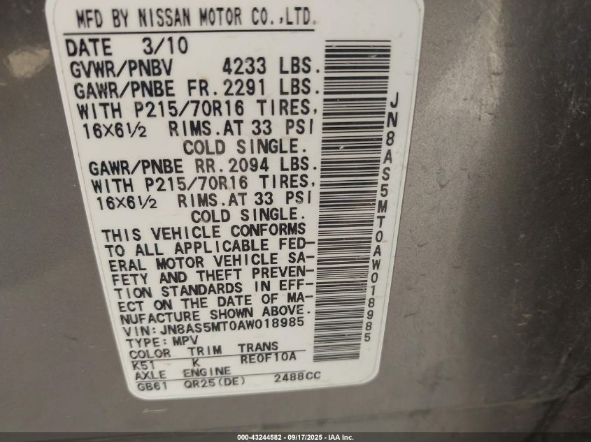 2010 Nissan Rogue S VIN: JN8AS5MT0AW018985 Lot: 43244582